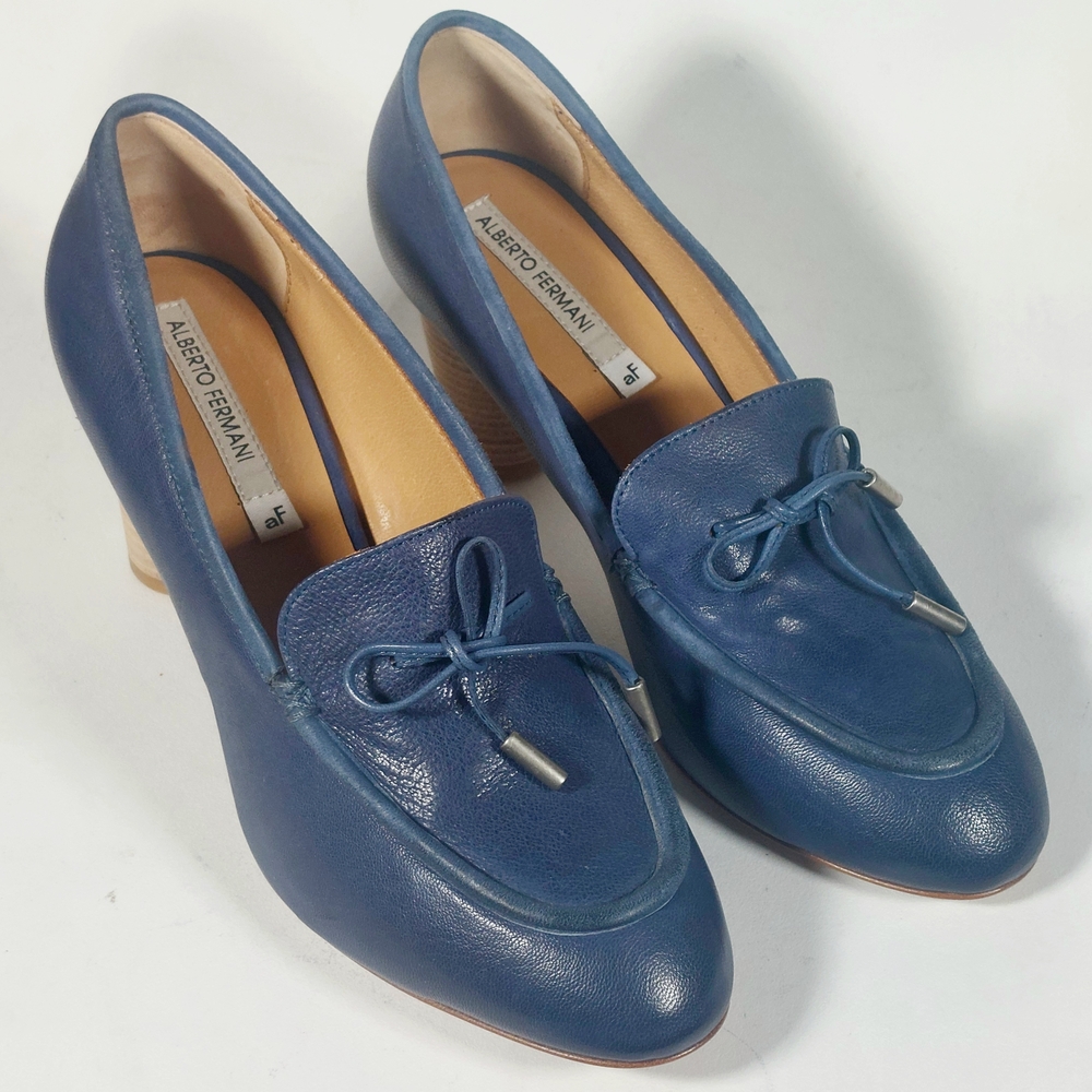 Alberto Fermani Blue Leather Mid-Heeled Loafer, EU40, NWOT